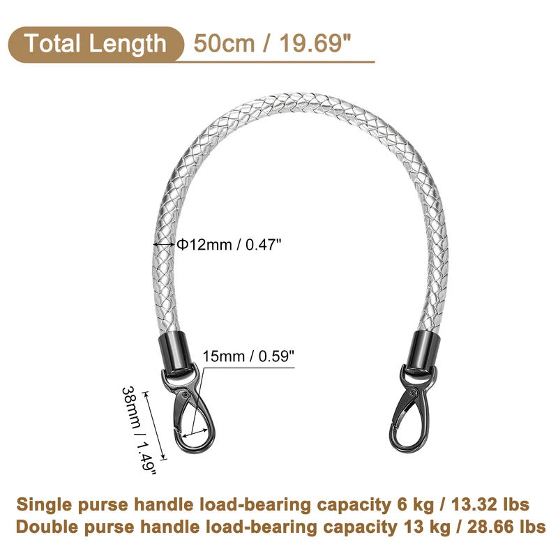50cm Short Leather PU Braided Purse Replacement Handle - Silver, Black