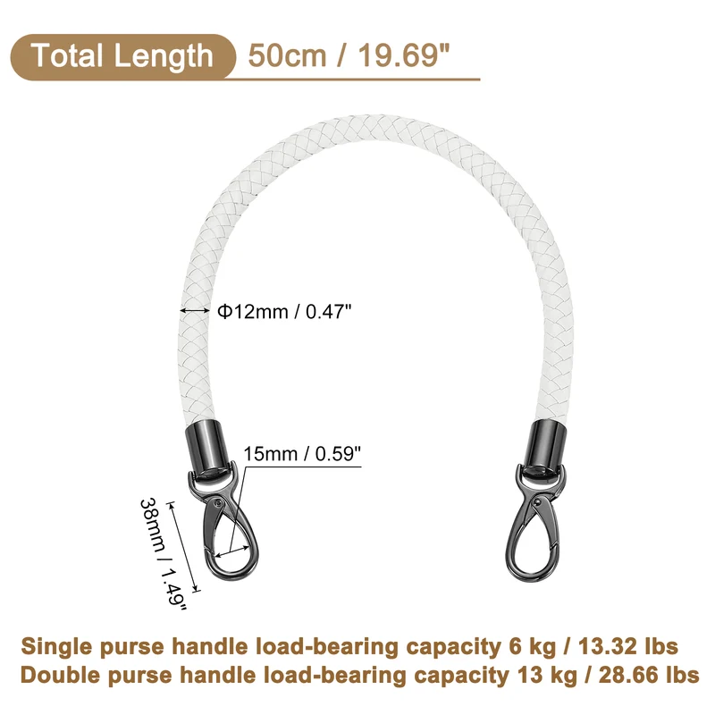 50cm Short Leather PU Braided Purse Replacement Handle - White, Black
