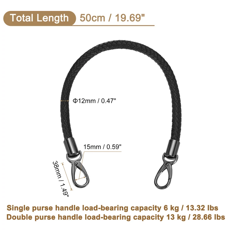 50cm Short Leather PU Braided Purse Replacement Handle Black Black