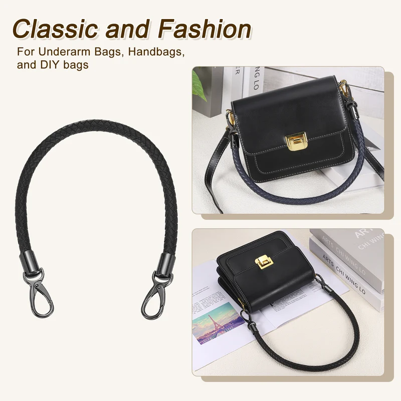 50cm Short Leather PU Braided Purse Replacement Handle Black Black