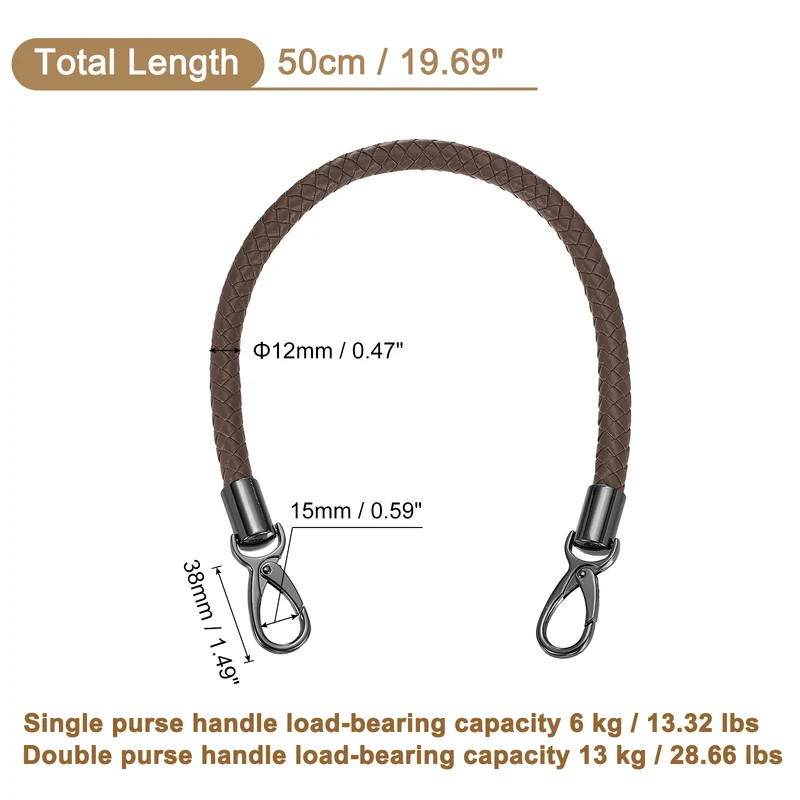 50cm Short Leather PU Braided Purse Replacement Handle Dark Coffee Black
