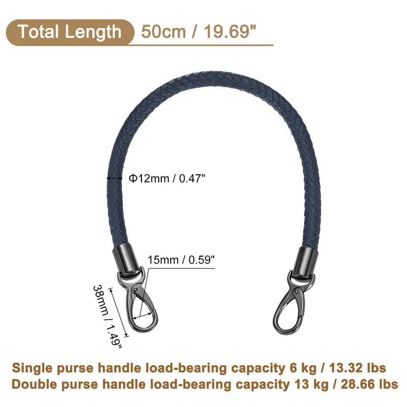 50cm Short Leather PU Braided Purse Replacement Handle - Dark Blue Black