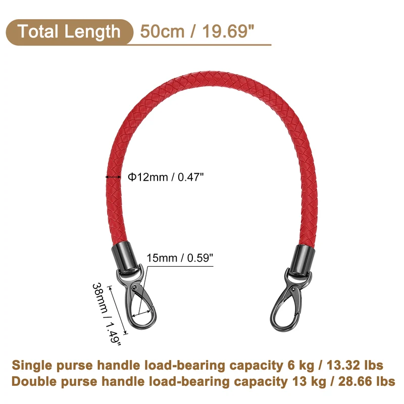 50cm Short Leather PU Braided Purse Replacement Handle - Red, Black