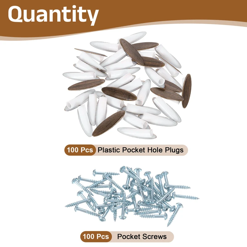 100Pcs 9mm Plastic Pocket Hole Plugs with Pocket Screws, Dark Walnut