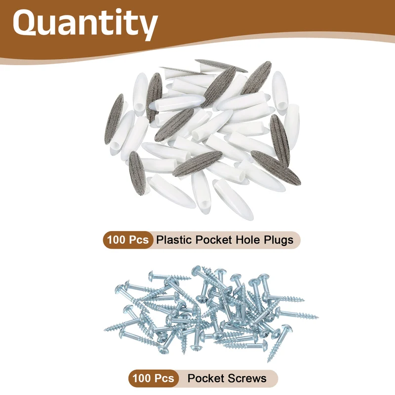 100Pcs 9mm Plastic Pocket Hole Plugs with Pocket Screws, Wood Grain Gray