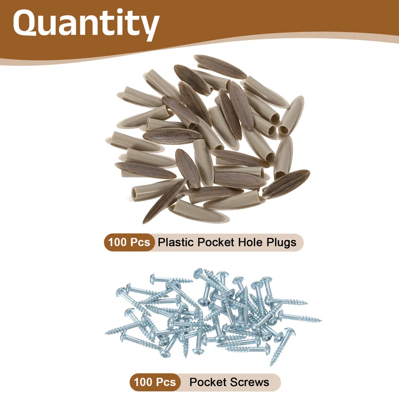 100Pcs 9mm Plastic Pocket Hole Plugs with Pocket Screws, Wood Grain Brown