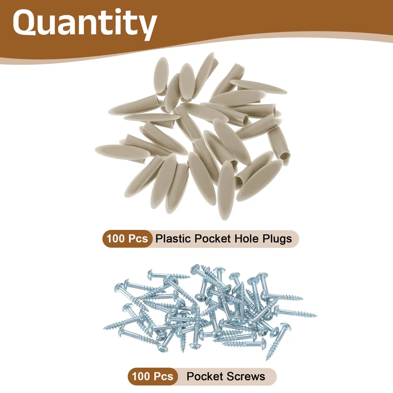 100Pcs 9mm Plastic Pocket Hole Plugs with Pocket Screws, Khaki Gray
