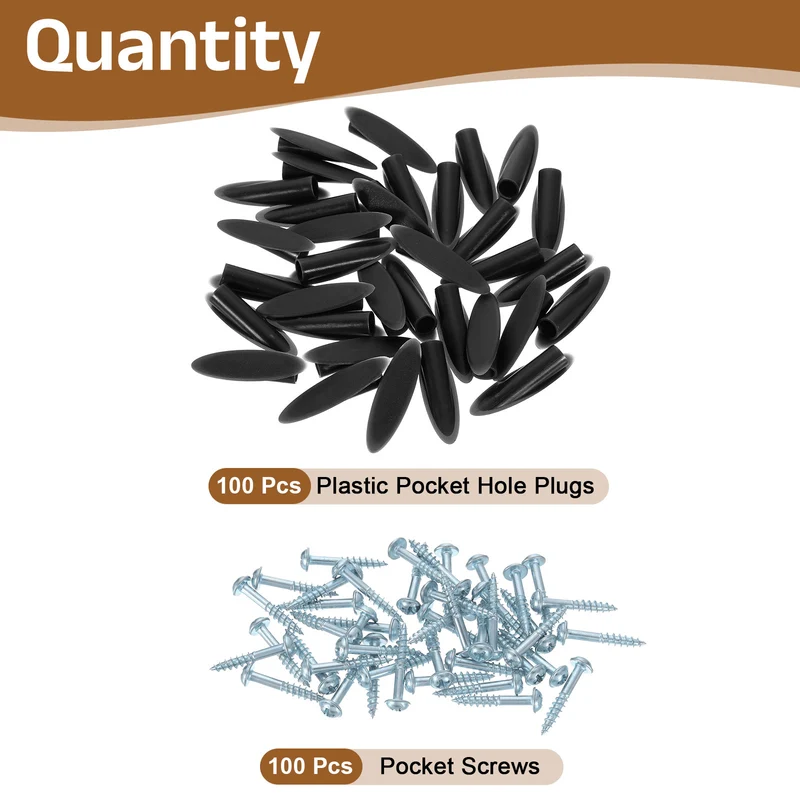100Pcs 9mm Plastic Pocket Hole Plugs with Pocket Screws, Black
