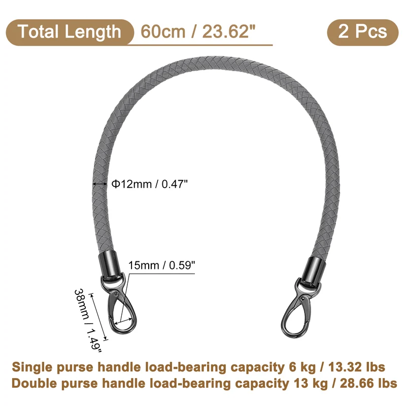 2Pcs 60cm Short Leather PU Braided Purse Replacement Handle - Dark Gray, Black