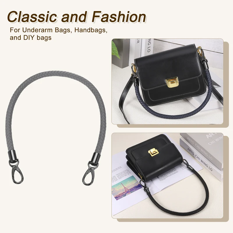 2Pcs 60cm Short Leather PU Braided Purse Replacement Handle - Dark Gray, Black