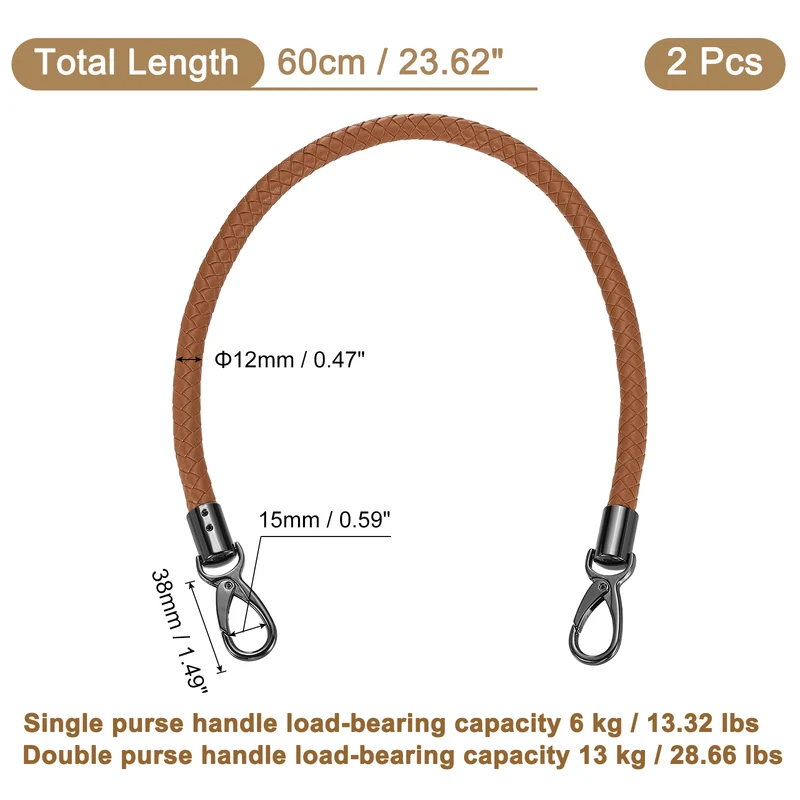 2Pcs 60cm Short Leather PU Braided Purse Replacement Handle - Light Brown, Black