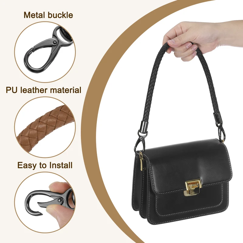 2Pcs 60cm Short Leather PU Braided Purse Replacement Handle - Light Brown, Black
