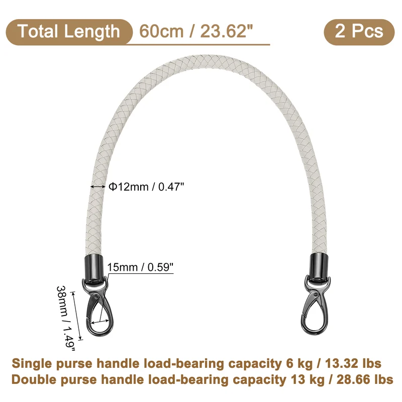 2Pcs 60cm Short Leather PU Braided Purse Replacement Handle - Light Gray, Black