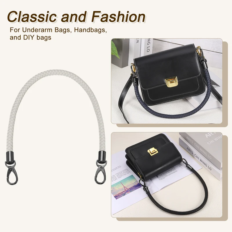 2Pcs 60cm Short Leather PU Braided Purse Replacement Handle - Light Gray, Black