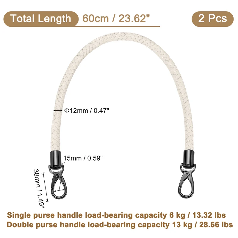 2Pcs 60cm Short Leather PU Braided Purse Replacement Handle - Beige White, Black