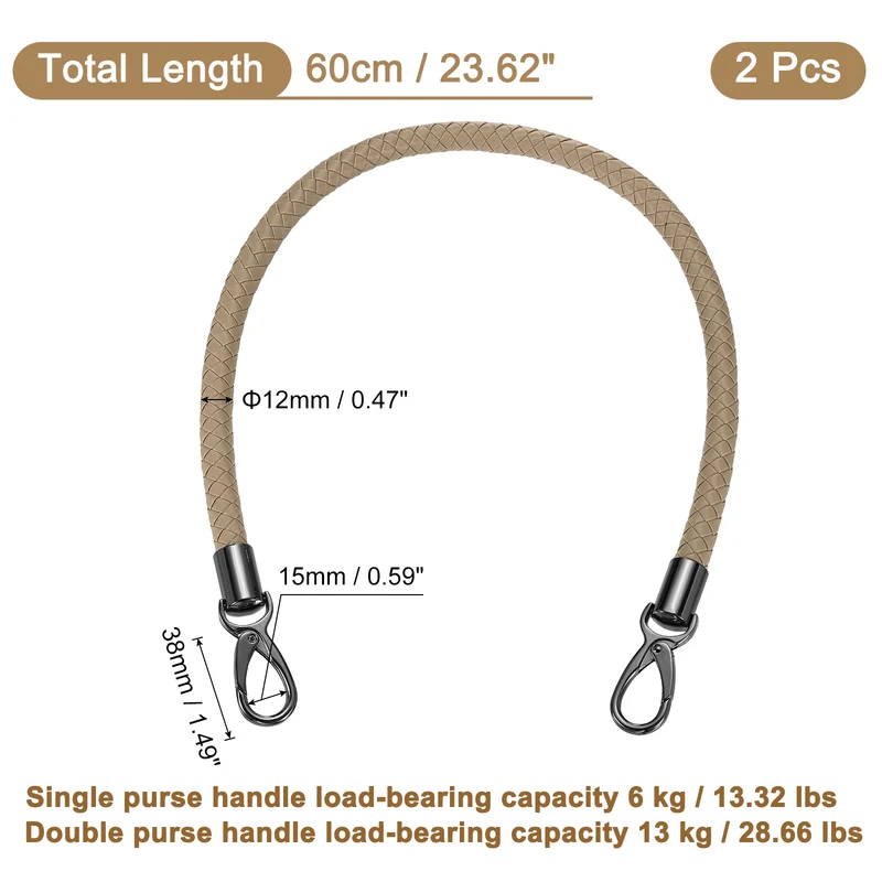 2Pcs 60cm Short Leather PU Braided Purse Replacement Handle - Grey Brown, Black