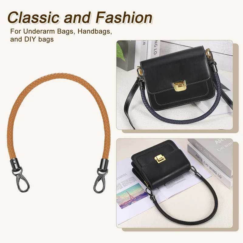 2Pcs 60cm Short Leather PU Braided Purse Replacement Handle-Yellow Brown, Black