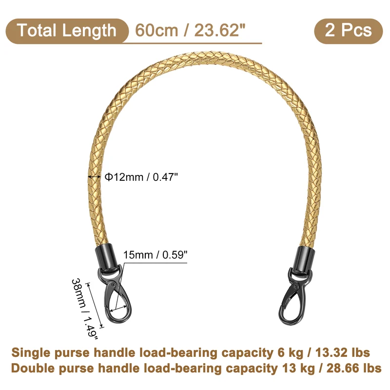2Pcs 60cm Short Leather PU Braided Purse Replacement Handle - Gold, Black