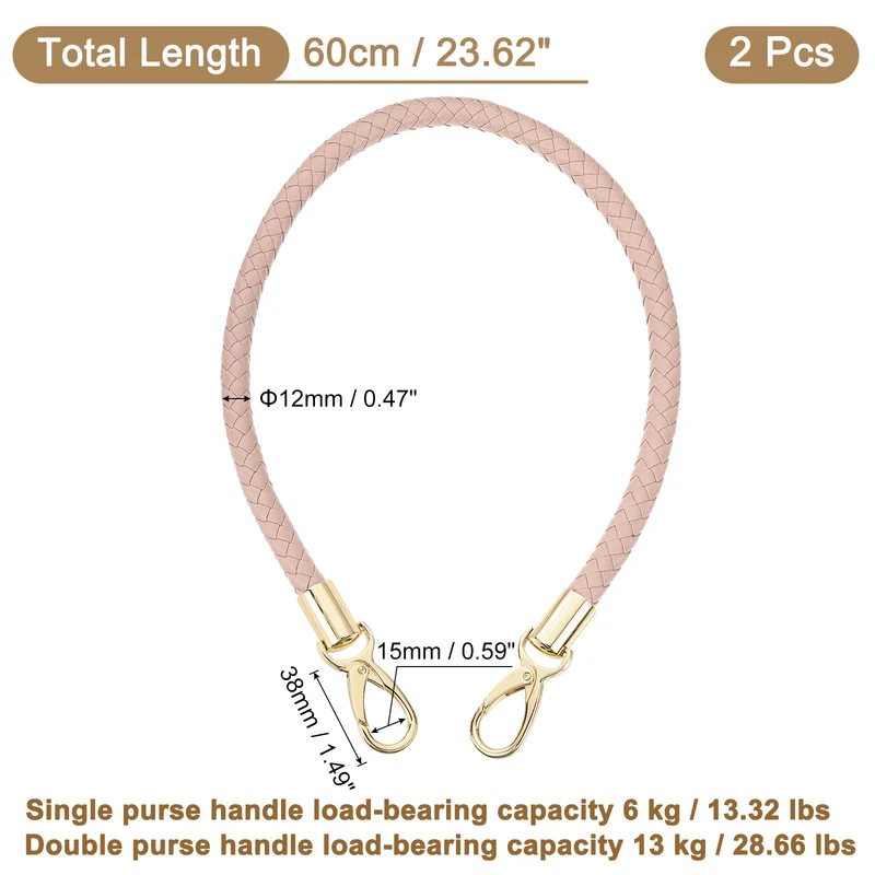 2Pcs 60cm Short Leather PU Braided Purse Replacement (Light Pink, Gold)