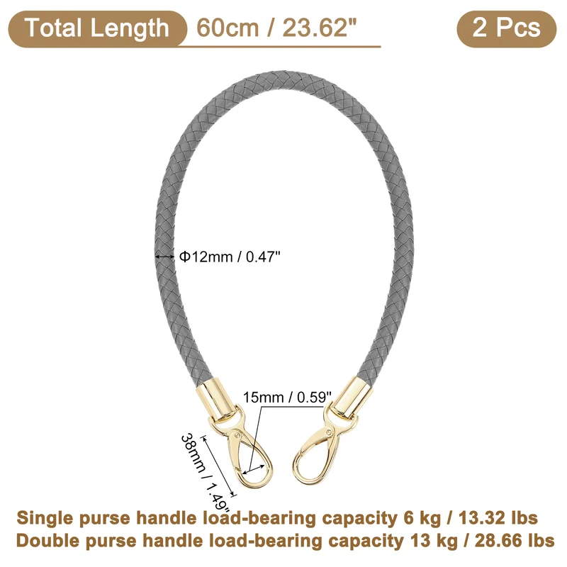 2Pcs 60cm Short Leather PU Braided Purse Replacement (Dark Gray, Gold)