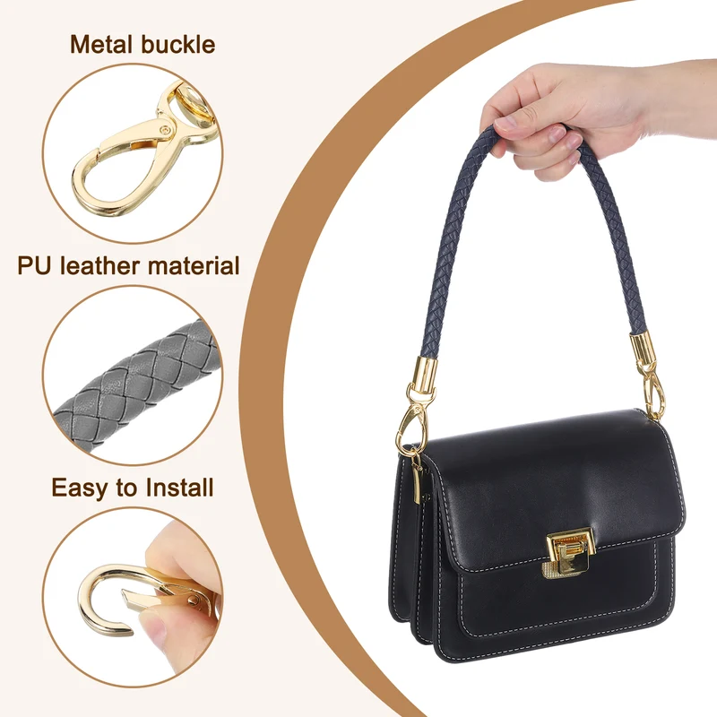 2Pcs 60cm Short Leather PU Braided Purse Replacement (Dark Gray, Gold)