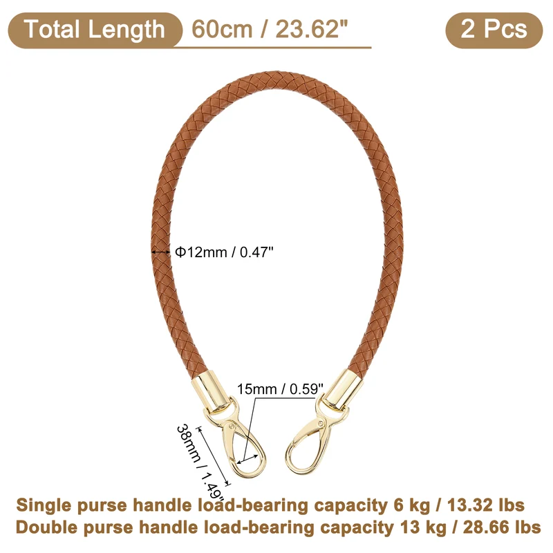 2Pcs 60cm Short Leather PU Braided Purse Replacement (Light Brown, Gold)