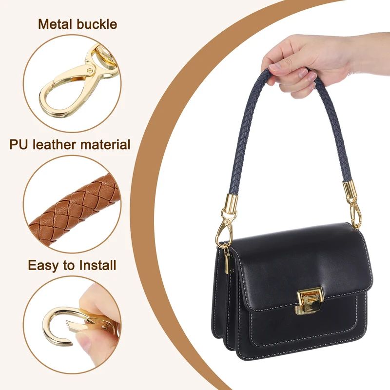 2Pcs 60cm Short Leather PU Braided Purse Replacement (Light Brown, Gold)