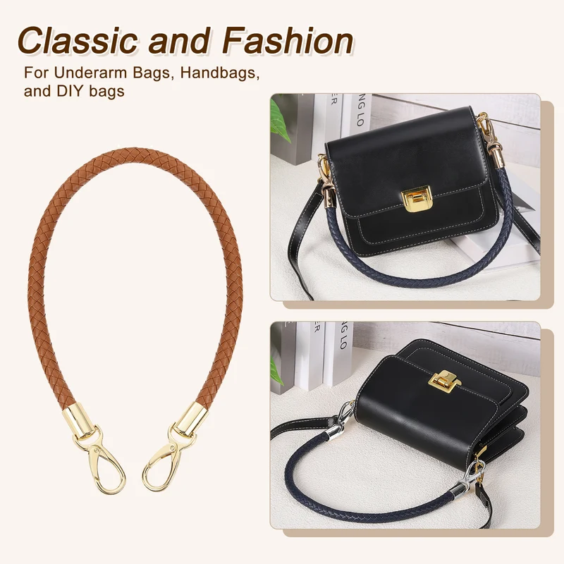 2Pcs 60cm Short Leather PU Braided Purse Replacement (Light Brown, Gold)
