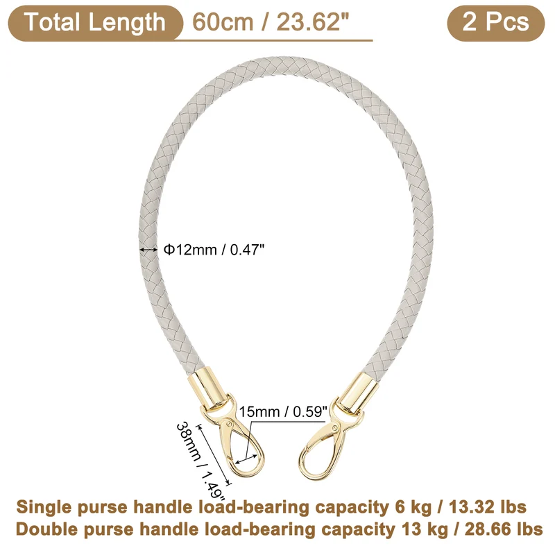 2Pcs 60cm Short Leather PU Braided Purse Replacement (Light Gray, Gold)