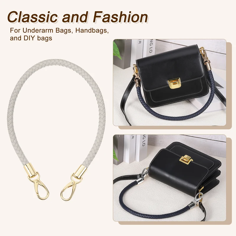 2Pcs 60cm Short Leather PU Braided Purse Replacement (Light Gray, Gold)
