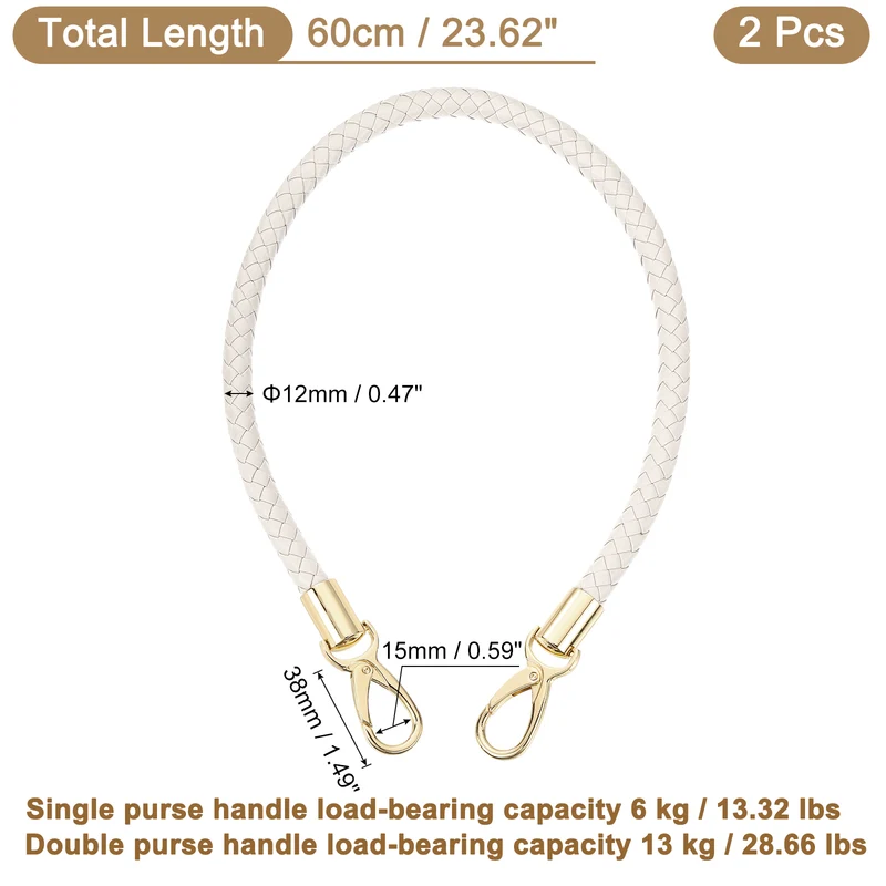 2Pcs 60cm Short Leather PU Braided Purse Replacement Beige White Gold