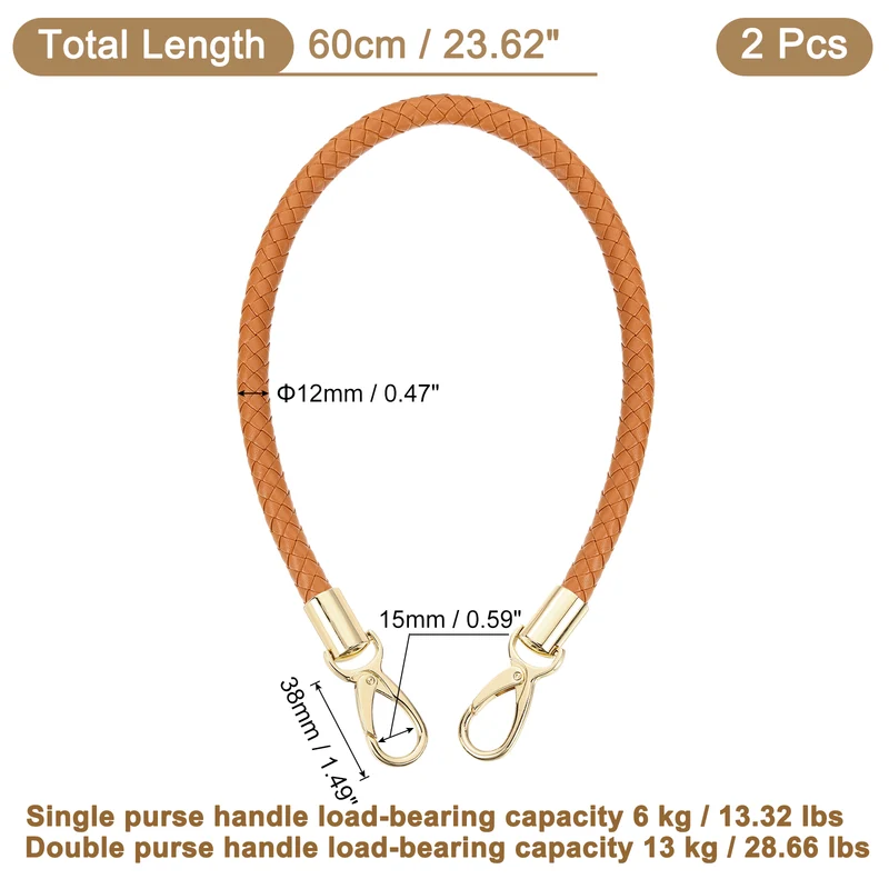 2Pcs 60cm Short Leather PU Braided Purse Replacement (Yellow Brown, Gold)