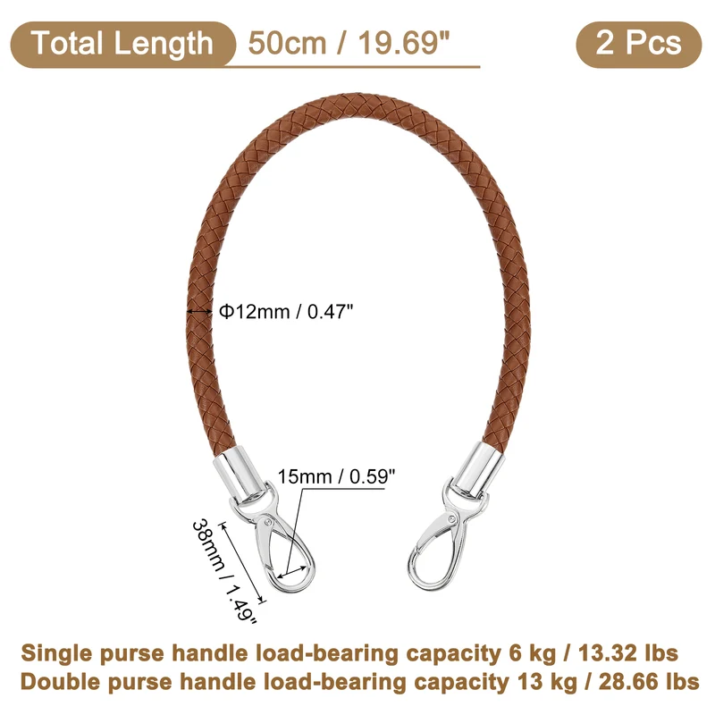 2Pcs 50cm Short Leather PU Braided Purse Replacement (Brown, Silver)