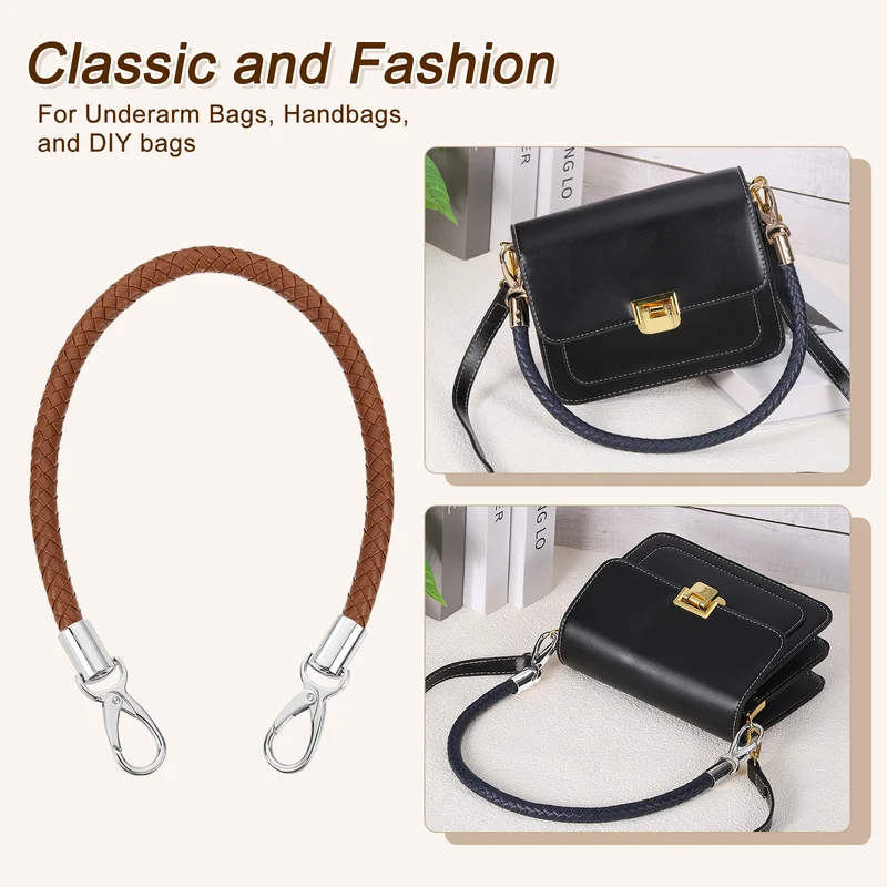 2Pcs 50cm Short Leather PU Braided Purse Replacement (Brown, Silver)