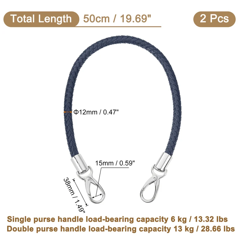 2Pcs 50cm Short Leather PU Braided Purse Replacement Dark Blue Silver