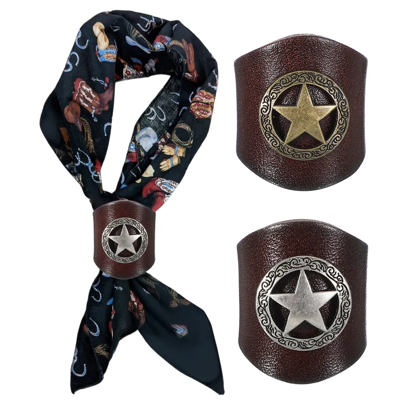 Western Bandana Scarf Ring, Star Scarf Ring-2Pcs(Brown/Silver Tone/Gold Tone)