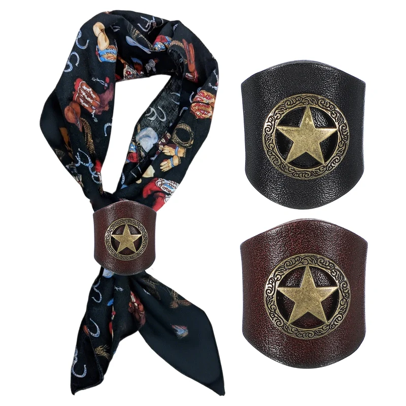 Western Bandana Scarf Ring, Star Scarf Ring-2Pcs(Brown/Black/Gold Tone)