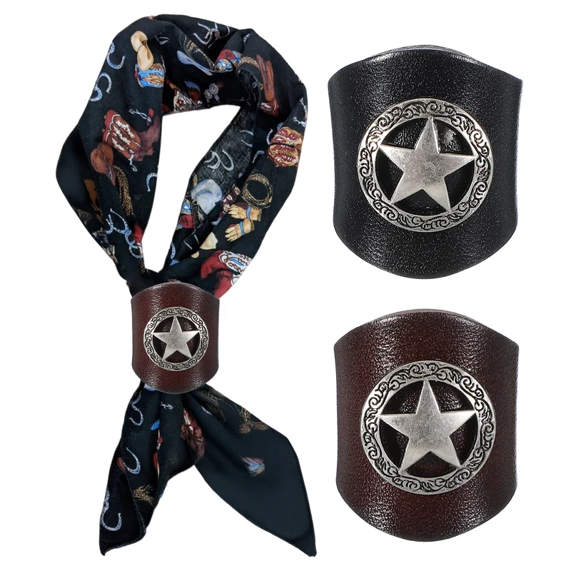 Western Bandana Scarf Ring, Star Scarf Ring-2Pcs(Brown/Black/Silver Tone)