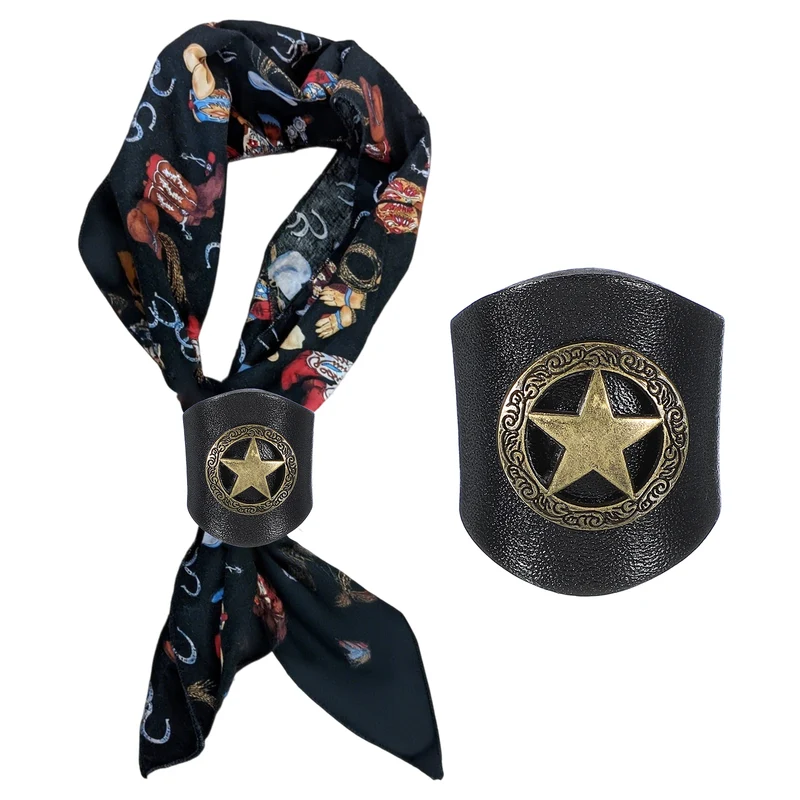 Western Bandana Scarf Ring, Leather Star Scarf Ring(Black/Gold Tone)