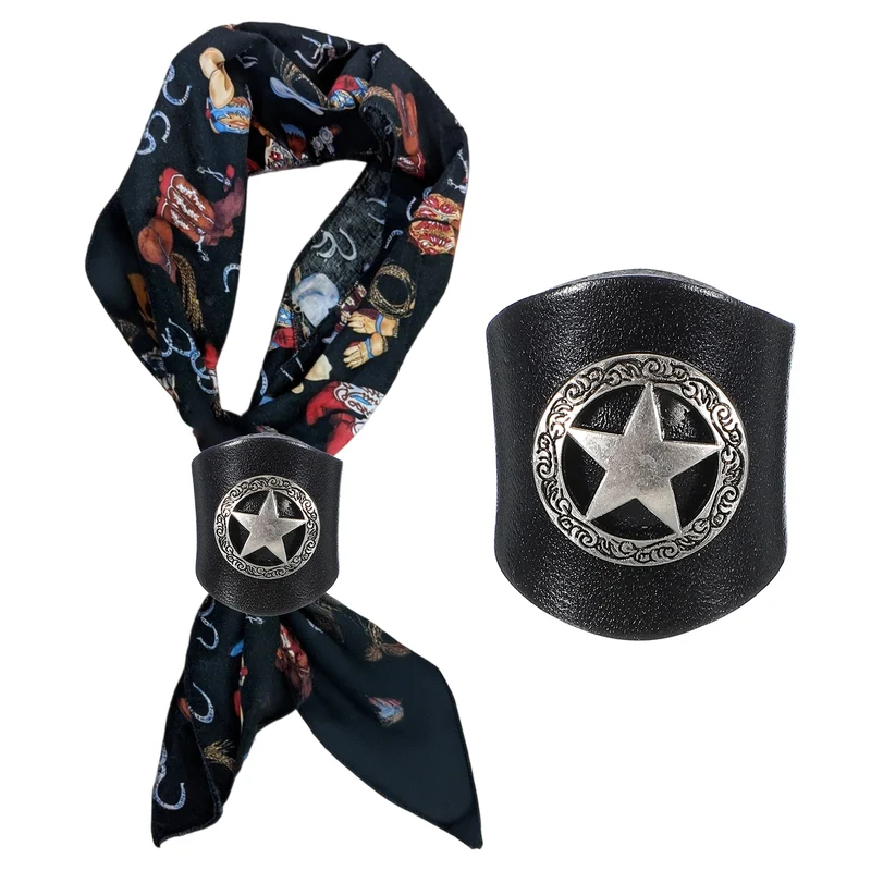 Western Bandana Scarf Ring, Leather Star Scarf Ring(Black/Silver Tone)