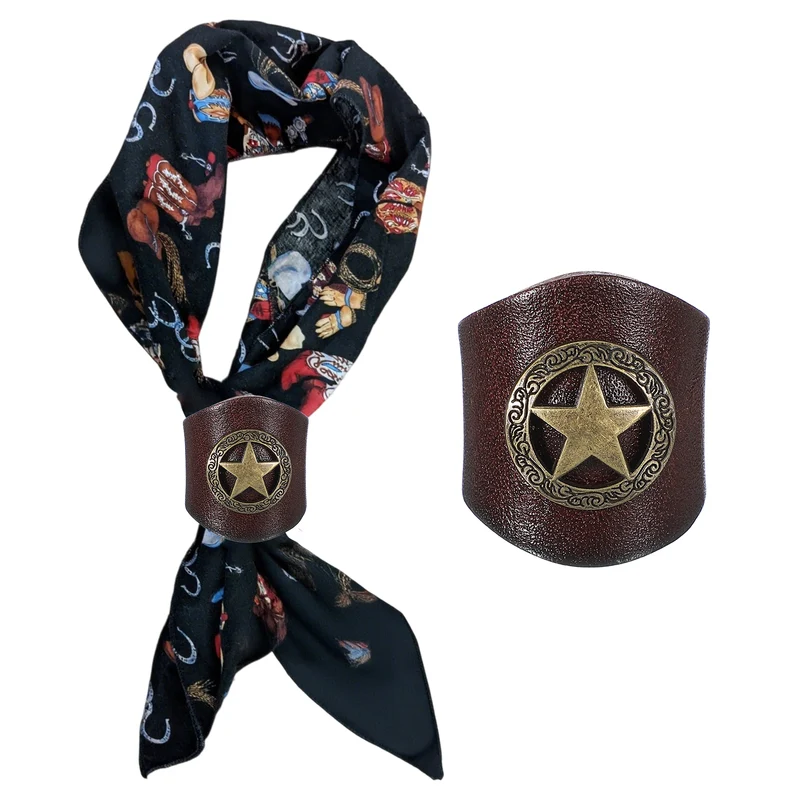 Western Bandana Scarf Ring, Leather Star Scarf Ring(Brown/Gold Tone)