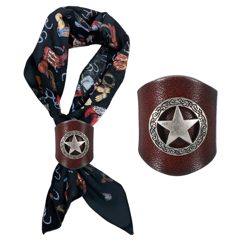 Western Bandana Scarf Ring, Leather Star Scarf Ring(Brown/Silver Tone)