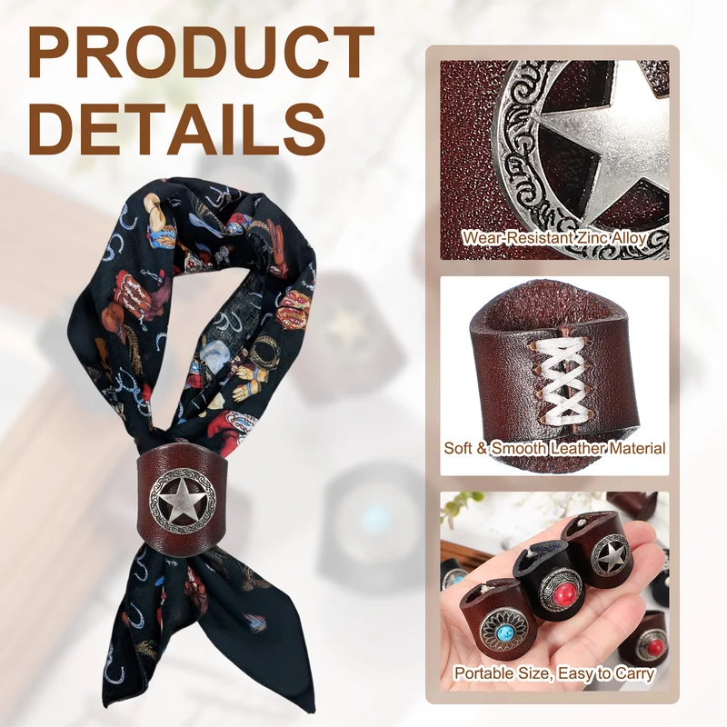 Western Bandana Scarf Ring, Leather Star Scarf Ring(Brown/Silver Tone)