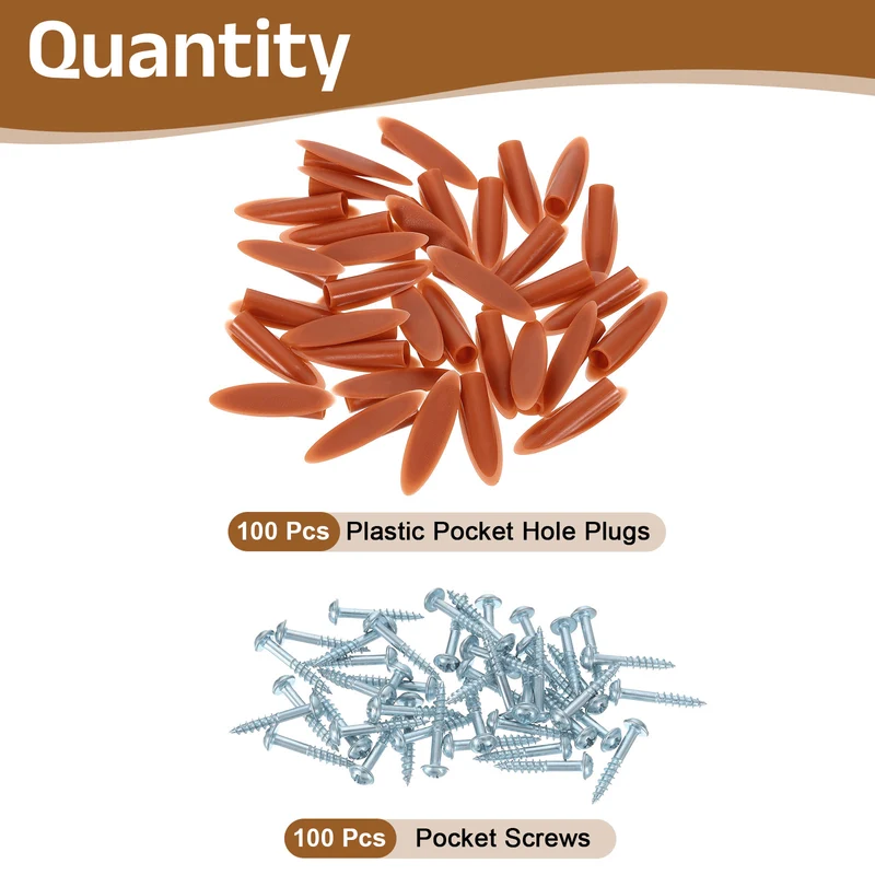 100Pcs 9mm Plastic Pocket Hole Plugs with Pocket Screws, Dark Brown