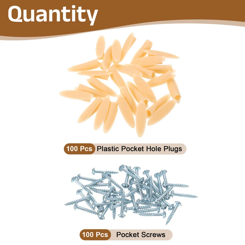 100Pcs 9mm Plastic Pocket Hole Plugs with Pocket Screws, Brown