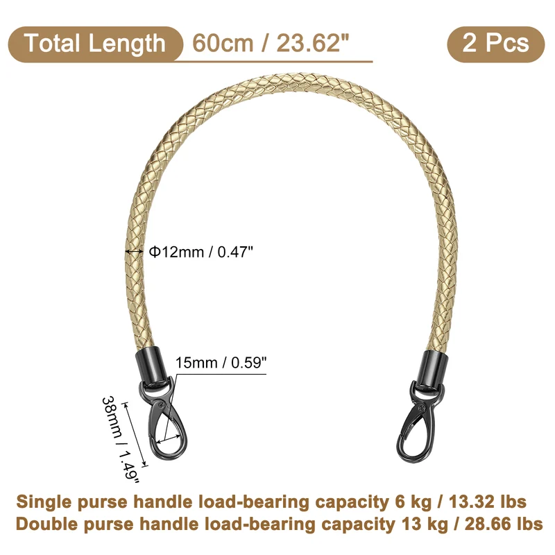 2Pcs 60cm Short Leather PU Braided Purse Replacement Handle - Light Gold, Black