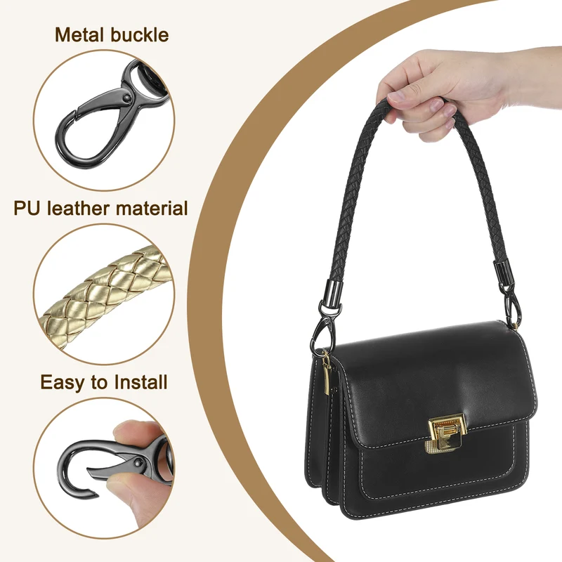 2Pcs 60cm Short Leather PU Braided Purse Replacement Handle - Light Gold, Black