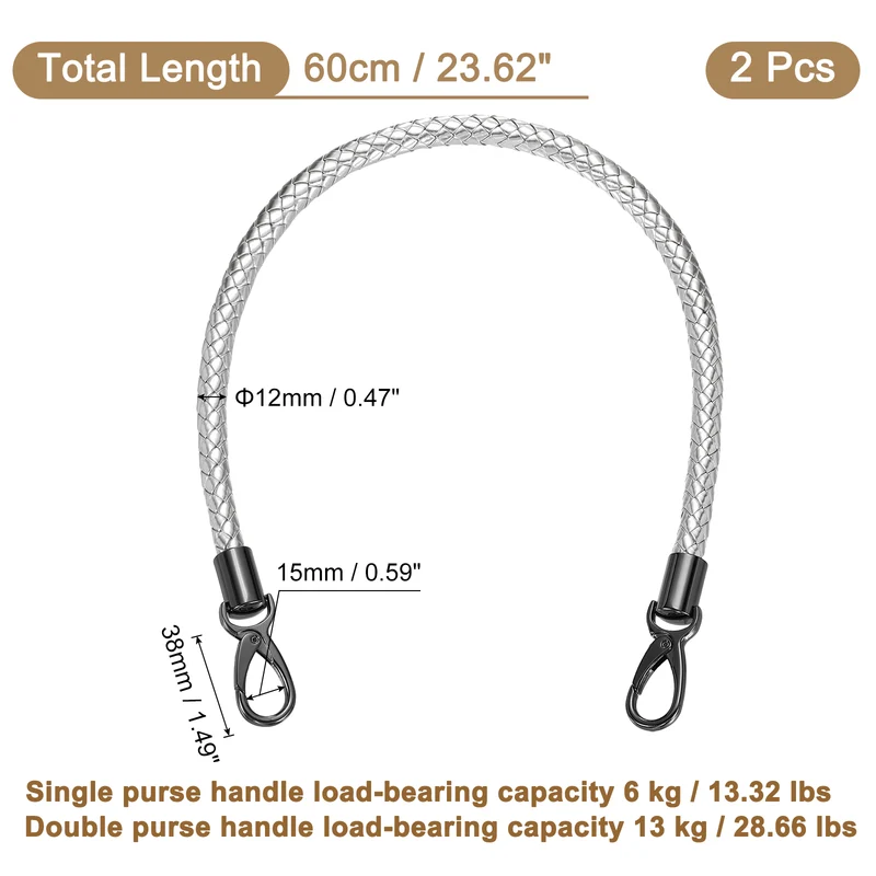 2Pcs 60cm Short Leather PU Braided Purse Replacement Handle - Silver, Black