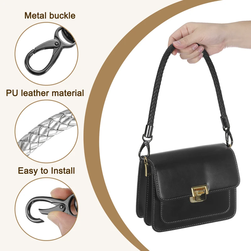 2Pcs 60cm Short Leather PU Braided Purse Replacement Handle - Silver, Black