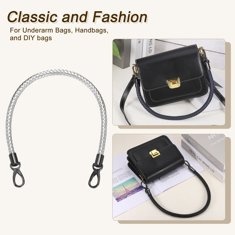 2Pcs 60cm Short Leather PU Braided Purse Replacement Handle - Silver, Black